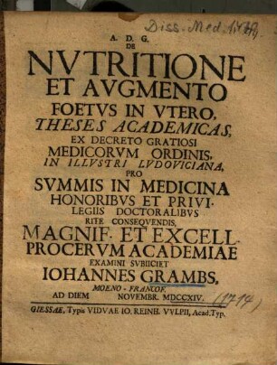 De Nvtritione Et Avgmento Foetvs In Vtero, Theses Academicas