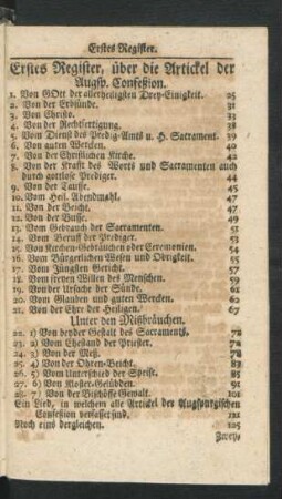 Erstes Register, über die Artickel der Augsp. Confeßion