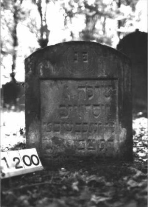 Grabstein 1200 (Index: 99899959) Material: Sandstein Zustand: angewittert, eingesunken Maße HxBxT: 62x52x7 cm Beschreibung: Stele mit Segmentbogenabschluss, eingesunken: Grabstein 1200