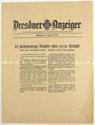 Nachrichtenblatt "Dresdner Anzeiger" mit Meldungen des Oberkommandos der Wehrmacht u.a. zum Luftkrieg