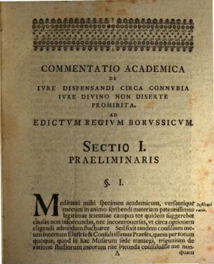 Commentatio acad. de iure dispensandi circa connubia iure divino non diserte prohibita, ad editum regium Borussicum, Pars 1. De incestu iure naturali non prohibito