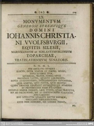 LX. Monumentum Generosi Strenuique Domini Iohannis Christiani Wolfsburgii, Equitis Silesii, Marsvicensium et Schlantzmuhlensium Toparchae, Vratislaviensium Senatoris
