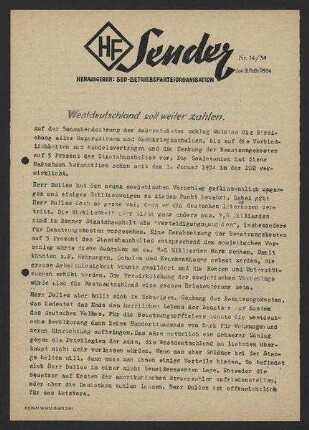 'HF-Sender' [Flugblatt], Nr.14/1954 (9. Februar 1954)