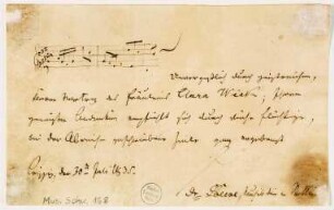 Stammbuchblatt von Carl Loewe mit Beginn der Fuge 3 aus "Das Wohltemperierte Klavier I" von J. S. Bach (BWV 848). Leipzig, 30.07.1835 : Stammbuch von Robert und Clara Schumann, angelegt 13.06.1845. Eintrag von Carl Loewe mit Beginn der Fuge 3 aus "Das Wohltemperierte Klavier I" von J. S. Bach (BWV 848) und darauf bezogener Widmung an Clara Wieck. Autograph; 9,5 x 15,5 cm. Leipzig, 30.07.1835. Dresden: SLUB Mus.Schu.168