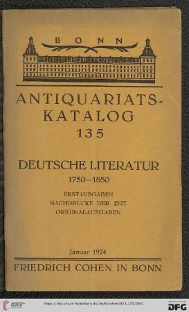 Nr. 135: Antiquariatskatalog / Friedrich Cohen, Buchhandlung und Antiquariat