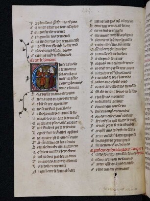 Deckfarbeninitiale E, historisiert: L'amant parle a la vieille