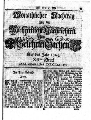 Monathliche Nachtrag [...] Auf das Jahr 1765 XIItes Stuck Des Monaths December