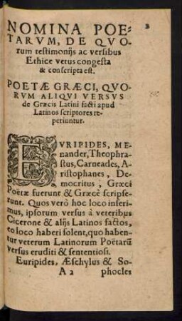 Nomina Poetarum, De Quorum testimoniis ac versibus Ethice vetus congesta & conscripta est.