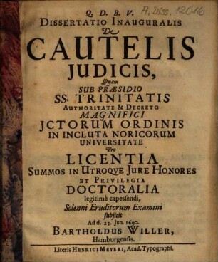 Dissertatio Inauguralis De Cautelis Judicis