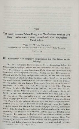 XIII. Zur analytischen Behandlung der Oberflächen zweiter Ordnung insbesondere über homofocale und conjugirte Oberflächen.