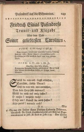 Friedrich Esaias Pufendorfs Trauer- und Klagode über den Tod Seiner geliebtesten Carolinen