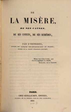 De la Misère, de ses causes, de ses effets, de ses remèdes