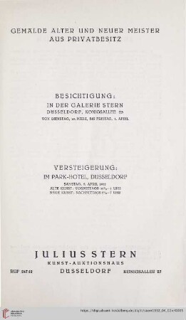 Katalog Nr. 4: Auktions-Katalog / Julius Stern, Kunst-Aktionshaus: Gemälde alter und neuer Meister aus Privatbesitz : 2. April 1932