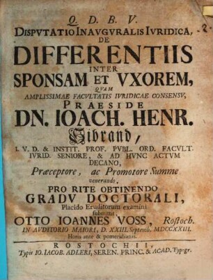Disputatio inauguralis iuridica de differentiis inter sponsam et uxorem