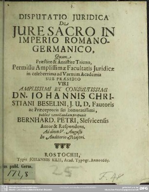 Disp. jurid. de Jure sacro in imperio Romano-Germanico