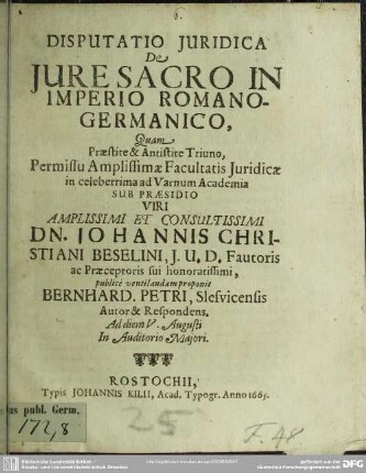 Disp. jurid. de Jure sacro in imperio Romano-Germanico