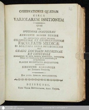 Observationes Quaedam Circa Variolarum Insitionem