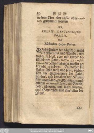 XX. Pulvis Dentifricius Nobilis. oder Köstliches Zahn-Pulver.