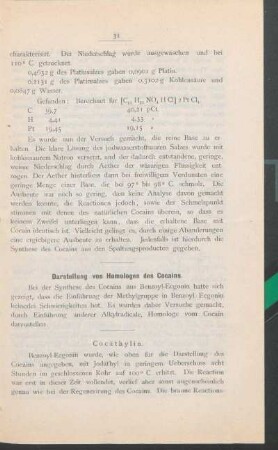 Darstellung von Homologen des Cocains.