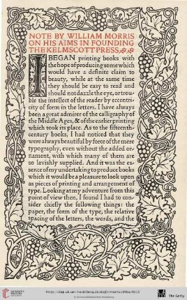 Note by William Morris on his aims in founding the Kelmscott Press