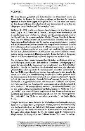 Vorwort [Mündlichkeit und Schriftlichkeit im Fernsehen]