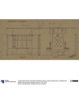 Darmstadt, Wohnhaus Olbrich, erstes Obergeschoss, Schlafzimmer, Aufrisse der Süd und Westwand