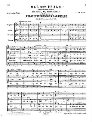 Felix Mendelssohn-Bartholdys Werke, 14,C,107a. Nr. 107a, Der 100. Psalm "Jauchzet dem Herrn". - 3 S. - Pl.-Nr. 107a