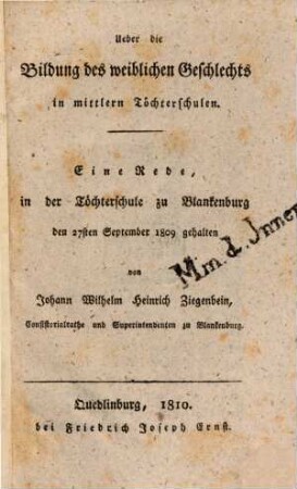 Über die Bildung des weiblichen Geschlechts in mittlern Töchterschulen