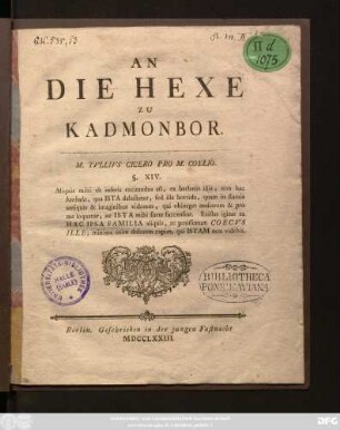 An die Hexe zu Kadmonbor : Berlin. Geschrieben in der jungen Fastnacht MDCCLXXIII.