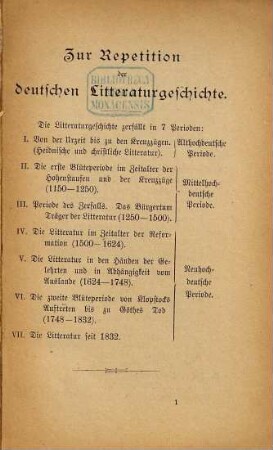 Zur Repetition der Deutschen Litteraturgeschichte