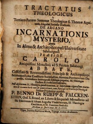 Tractatus theologicus in tertiam Partem Summae theologicae S. Thomae Aquinatis, Ang. Eccl. Doct., de arcano incarnationis mysterio