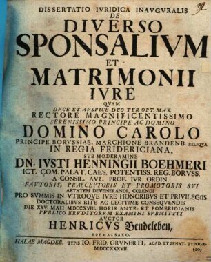 Dissertatio Ivridica Inavgvralis De Diverso Sponsalivm Et Matrimonii Ivre