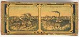 Pappschachtel für Nähmaschinenutensilien? "FABRIK-ANLAGEN. EISENGIESSEREI UND GESTELLFABRIK NÄHMASCHINENFABRIK ETABLIERT 1858" (auf zwei Abbildungen Fabrikgelände)