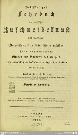 Lehrbuch der praktischen Zuschneidekunst und modernen Bearbeitung sämmtlicher Herrenkleider