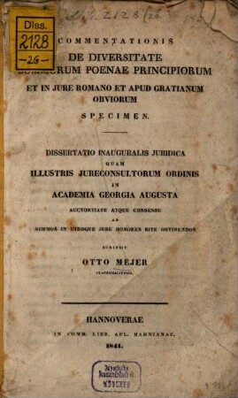 Commentationis de diversitate summorum poenae principiorum et in jure Romano et apud Gratianum obviorum specimen