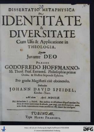 Dissertatio Metaphysica De Identitate & Diversitate : Cum Usu & Applicatione in Theologia