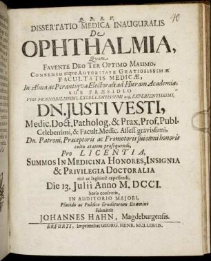 Dissertatio Medica Inauguralis De Ophthalmia