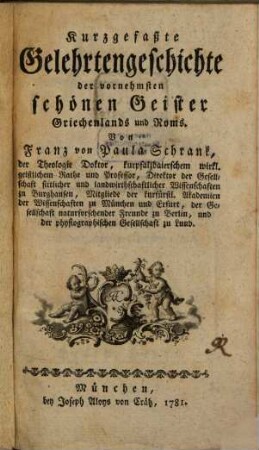 Kurzgefaßte Gelehrtengeschichte der vornehmsten schönen Geister Griechenlands und Roms