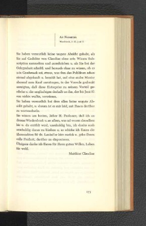 An Niemeyer Wandsbeck, den 22. Juni 1781