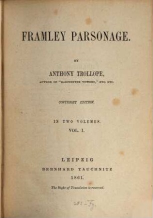 Framley parsonage : in 2 vols., 1