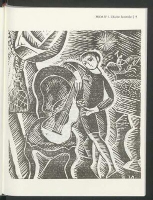 [Grabado por Norah Borges] : [Sin título, firmada NB (espejada), motivo: persona con guitarra y rosa al lado de silla al fondo un jinete]