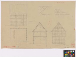 Vehrte (Landkreis Osnabrück): Hof Meyer Zu Hage. - Speicher (Seiten-Ansicht, Giebel-Ansicht, Grundgriss, Querschnitt A-B). - Kopfbänder im Speicher (Schnitt)