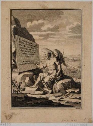 Darstellung des Chronos als Chronist (?) mit Flügeln und Sense auf eine Tafel schreibend, im Hintergrund Dresden mit der Elbbrücke (alte Augustusbrücke)