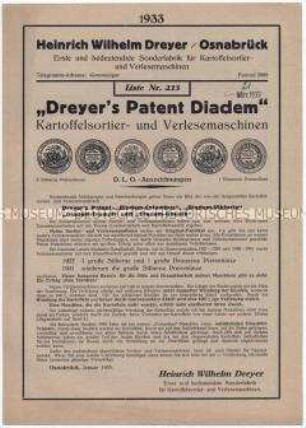 "Dreyer's Patent Diadem" Kartoffelsortier- und Verlesemaschine