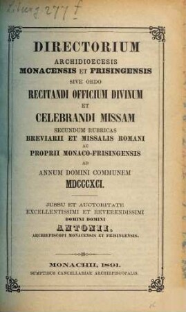 Directorium sive ordo divini officii recitandi et missae celebrandae. 1891