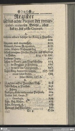 Register über das achte Paquet der remarquable-curieusen Briefen, oder das 85. bis 96sten Couvert