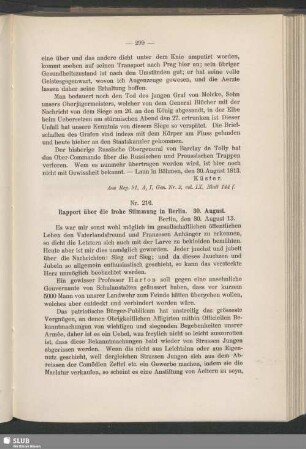 Nr. 216. Rapport über die frohe Stimmung in Berlin. 30. August