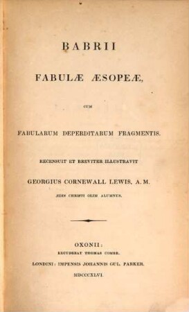 Babrii fabulae Aesopeae cum fabularum deperditarum fragmentis
