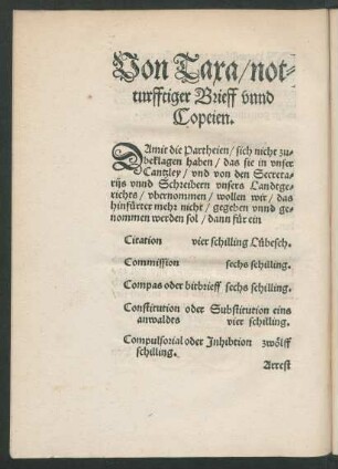 Von Taxa/ notturfftiger Brieff unnd Copeien.