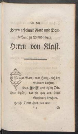 An den Herrn geheimen Rath und Domdechant zu Brandenburg, Herrn von Kleist